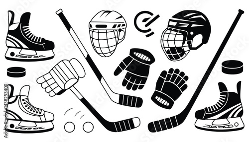 Photography Hockey equipment collection vector set black and white ice sport illustration