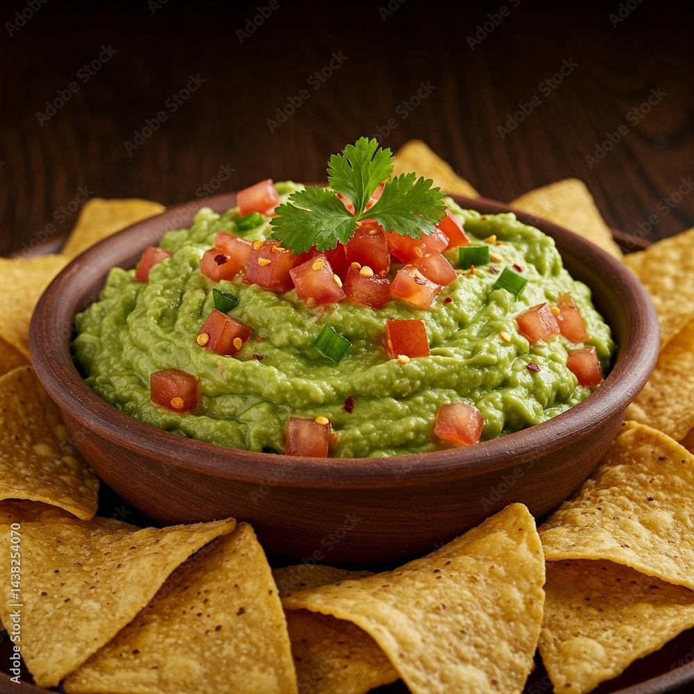 Close-up of a bowl of fresh guacamole topped with tomatoes and cilantro, surrounded by crispy tortilla chips on a wooden surface. Close-up of a bowl of fresh guacamole topped with tomatoes and cilantro, surrounded by crispy tortilla chips on a wooden surface.