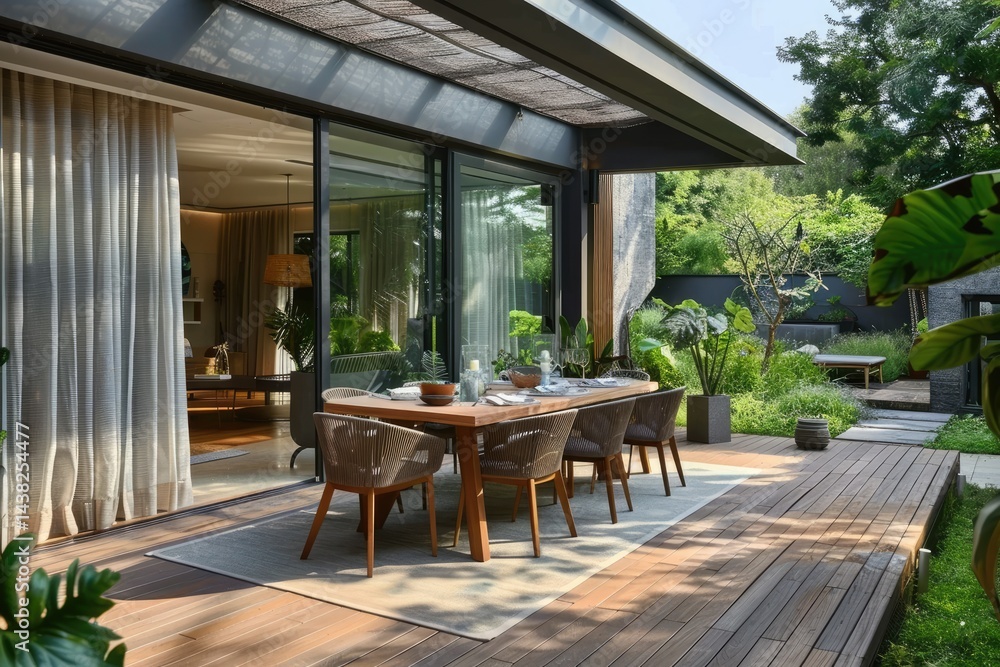 Fototapeta premium Modern Dining Area on Wooden Terrace with Sliding Doors and Glass Roof, Surrounded by Greenery
