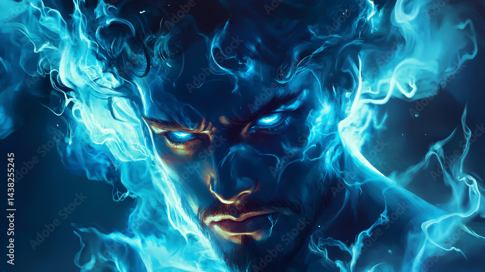 Obraz premium Mighty Warrior Shrouded in Vibrant Blue Electric Energy Surrounding His Intense Face