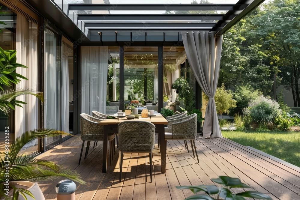 Fototapeta premium Modern Dining Area on Wooden Terrace with Sliding Doors and Glass Roof, Surrounded by Greenery