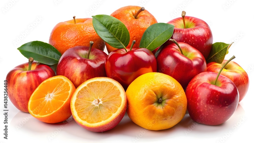 Bright Orange and Red Apples and Oranges on White Background Bright Orange and Red Apples and Oranges on White Background
