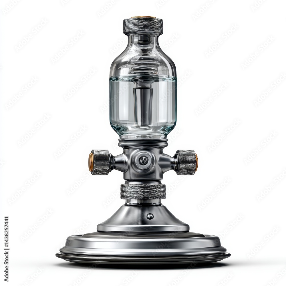 A shiny, metallic laboratory burner with a glass container filled with liquid, set against a plain white background. A shiny, metallic laboratory burner with a glass container filled with liquid, set against a plain white background.