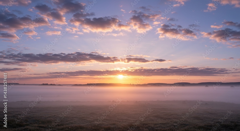 Fototapeta premium Light mist rising under scattered clouds at sunrise