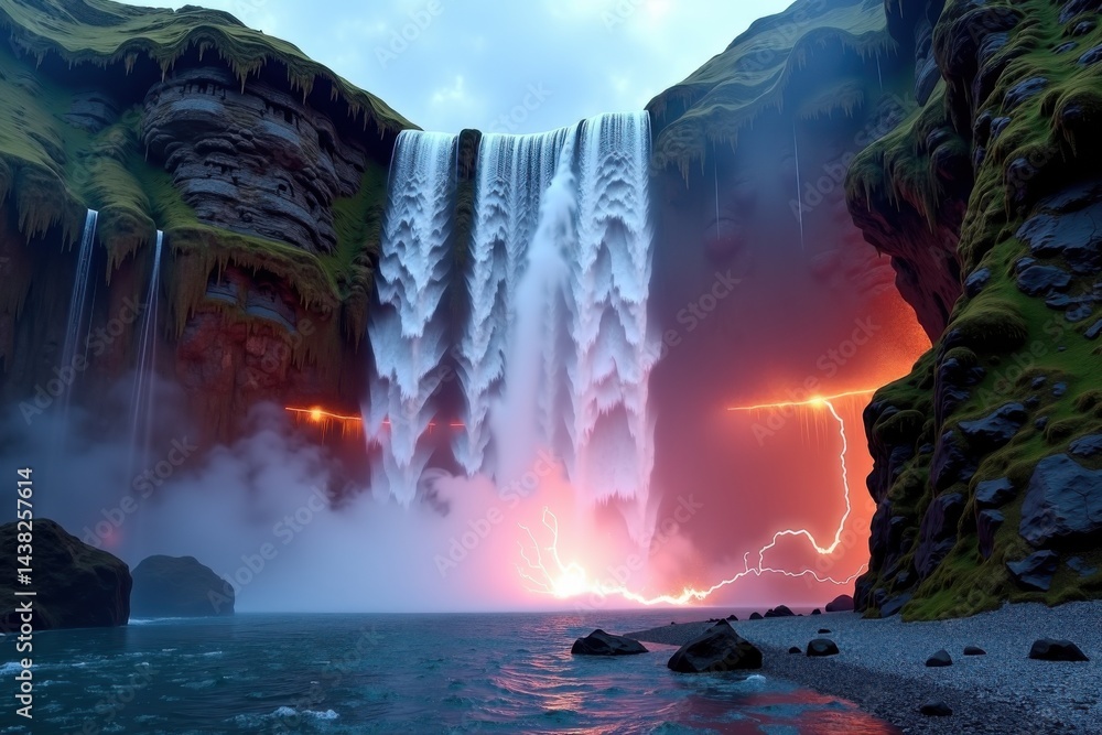 Fototapeta premium Majestic waterfall cascades into a blue pool, surrounded by cliffs, glowing lava, and dramatic lightning under a cloudy sky.