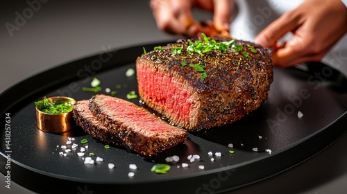 Pepper crusted tenderloin flat lay on matte black plate with dramatic lighting showing medium-rare slices being finished with green herb oil drizzle by server hands