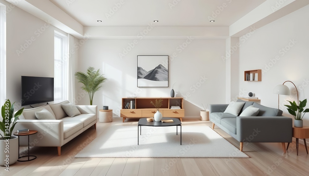 Serene minimalist living room, neutral tones, soft light, Scandinavian design, streamlined furniture, wood, coffee table Serene minimalist living room, neutral tones, soft light, Scandinavian design, streamlined furniture, wood, coffee table