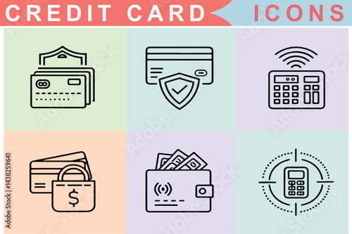Credit Card and Payment Line Icons Set  Wallet, Security, Contactless Payment, Transaction, Finance, Editable Stroke