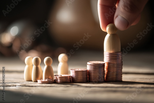 Wooden figures on stacks of coins, illustrating financial growth or inequality, showcasing a business concept on a rustic wooden surface