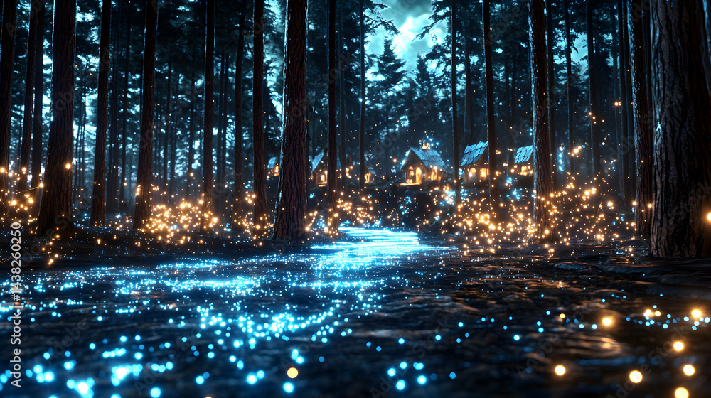 A magical forest at night with glowing lights and small houses. It's perfect for fantasy stories or a calming desktop background. A magical forest at night with glowing lights and small houses. It's perfect for fantasy stories or a calming desktop background.