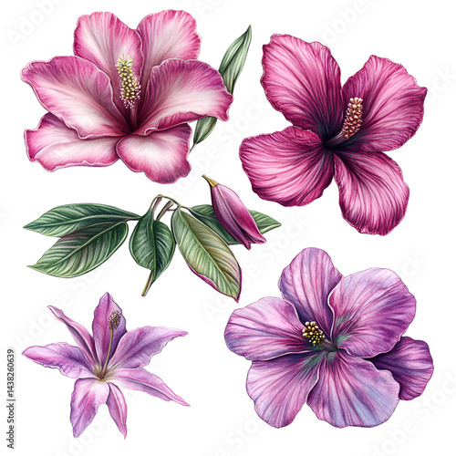 Pink purple flowers watercolor illustration design