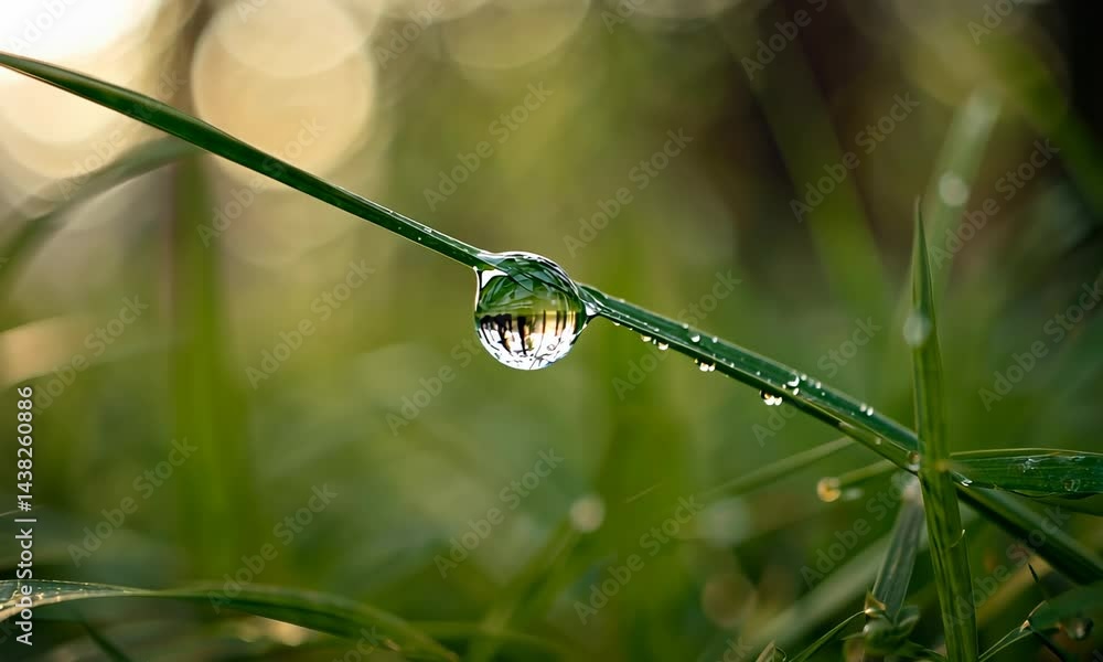 Captures ethereal beauty of a solitary dewdrop delicately suspended on a slender blade of emerald grass revealing, backdrop of lush verdant foliage Captures ethereal beauty of a solitary dewdrop delicately suspended on a slender blade of emerald grass revealing, backdrop of lush verdant foliage