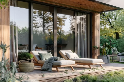 Outdoor Terrace with Wooden Furniture, Sliding Doors, and Sun Loungers Amidst Greenery Views