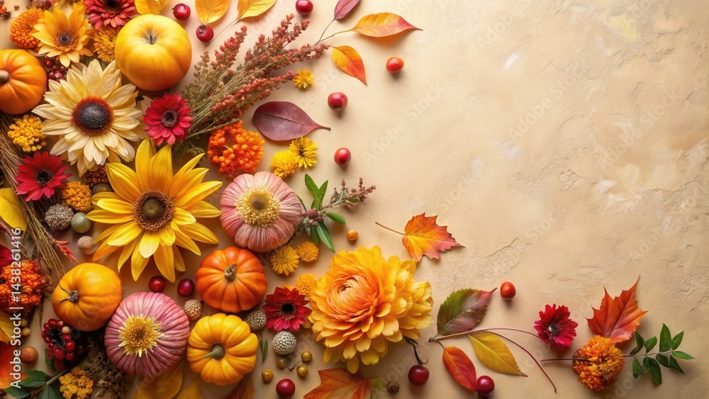 Obraz premium A vibrant autumnal arrangement with pumpkins, sunflowers, leaves, and berries, showcasing the beauty of the season.