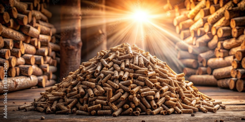 Obraz premium A pile of wood pellets in a rustic setting, illuminated by a warm, golden glow of sunlight filtering through the wooden beams.