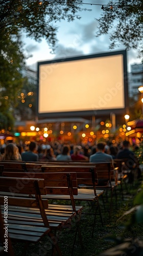 Outdoor movie night, city park, audience watching blank screen