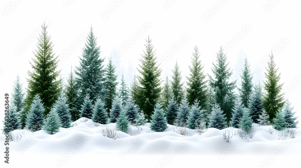 Obraz premium Winter scene snowy hills with evergreen trees covered with snow on a white background peaceful and serene
