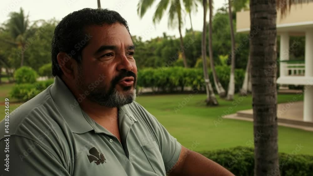 Man shares stories in a tropical garden setting during a warm afternoon Man shares stories in a tropical garden setting during a warm afternoon
