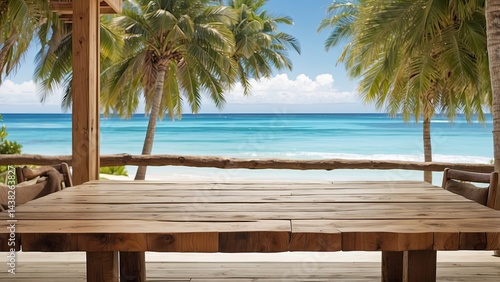 Fototapeta Naklejka Na Ścianę i Meble -  A rustic wooden tabletop in the foreground with a blurred tropical beach scene in the background.
