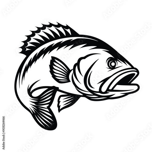 Detailed Black and White Largemouth Bass Illustration, Aquatic Wildlife, Fish Outline