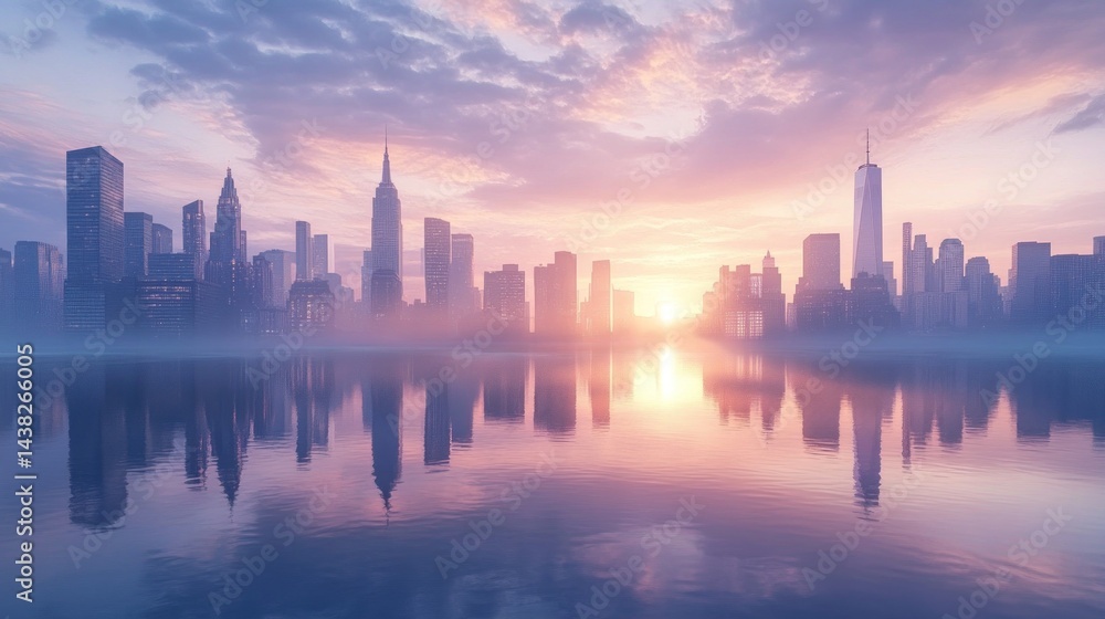Sunrise over a city skyline reflected in calm water Sunrise over a city skyline reflected in calm water