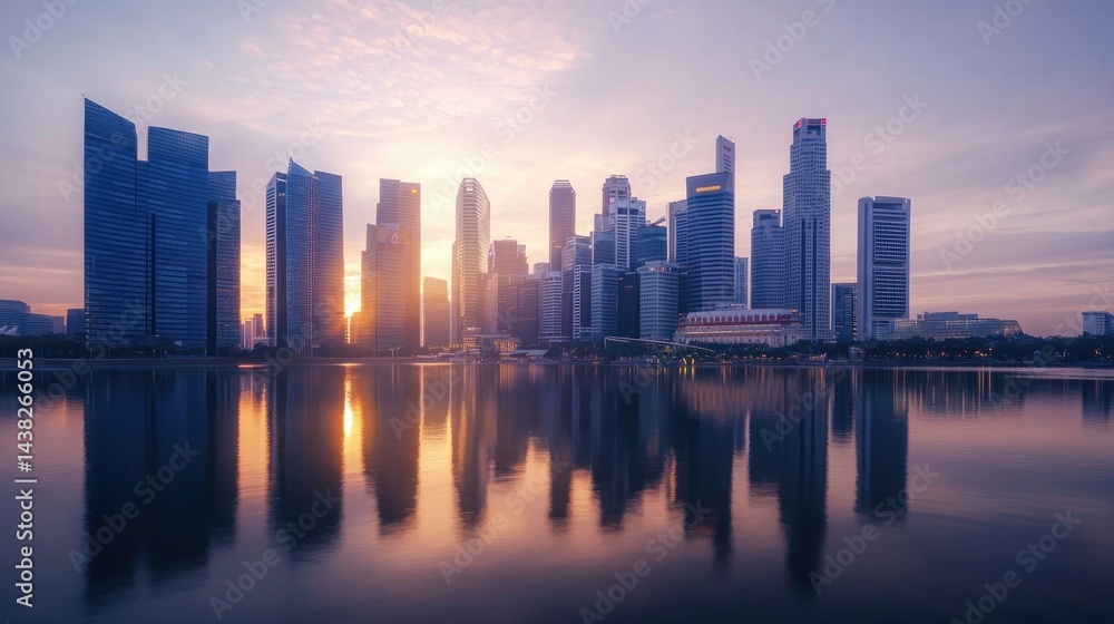 Sunrise over a bustling city skyline reflected in calm waters Sunrise over a bustling city skyline reflected in calm waters