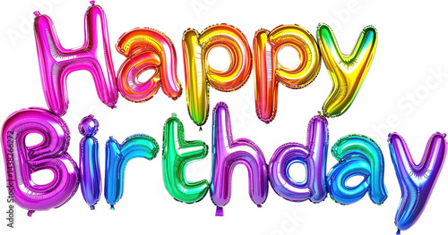 Multicolored metallized foil balloons with the words “Happy Birthday”  on a transparent and isolated white background. Generated AI