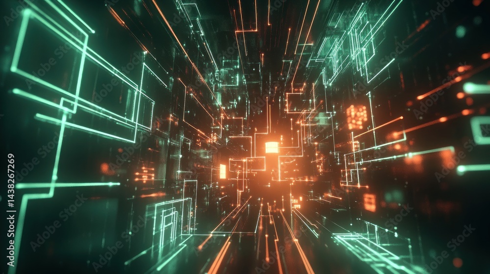 Obraz premium Abstract digital network tunnel. Intricate glowing lines and squares form a futuristic, energetic pathway