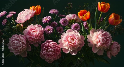 Wallpaper Mural Elegant Floral Arrangement Pink Peonies, Orange Tulips, and Purple Asters in Dramatic Lighting Torontodigital.ca