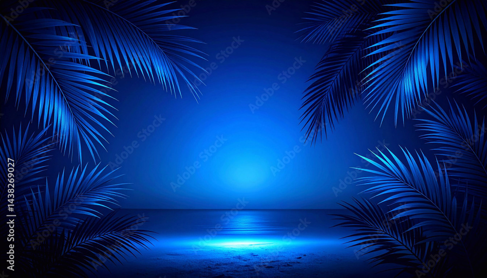 Fototapeta premium Tropical Night Beach Scene in Vibrant Blue Hues