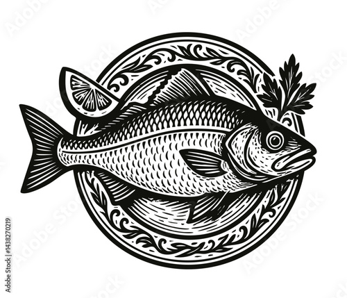 Fish cod dish on plate with lemon and parsley. Vector black and white illustration. Restaurant food.