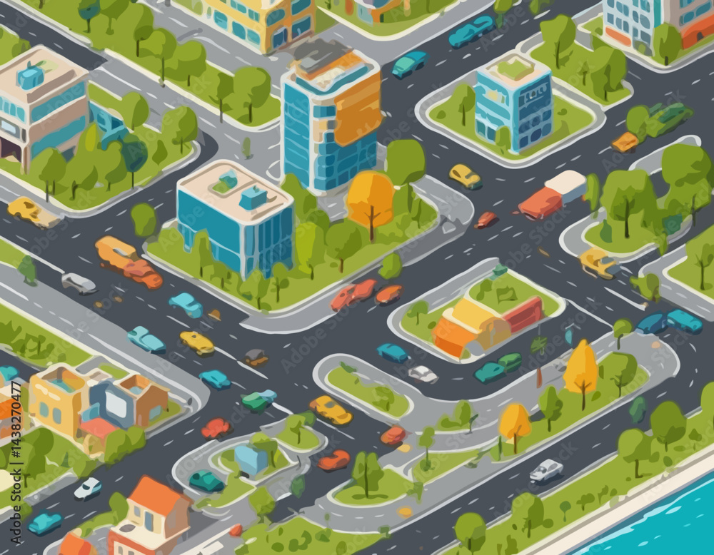 Isometric Cityscape Vector with Cars, Buildings, Trees, and Roads for Urban Planning, Game Design, and Interactive Maps. Isometric Cityscape Vector with Cars, Buildings, Trees, and Roads for Urban Planning, Game Design, and Interactive Maps.