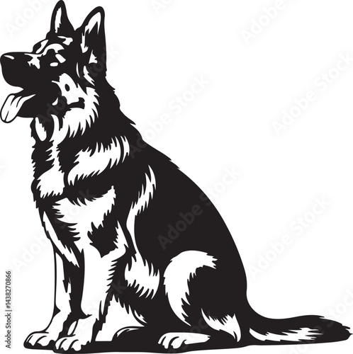 Dog profile, silhouette, sitting position, devoted friend, fur texture, attentive ears, open mouth, long tail, black and white contrast, clear background, minimalist design, vector art, graphic