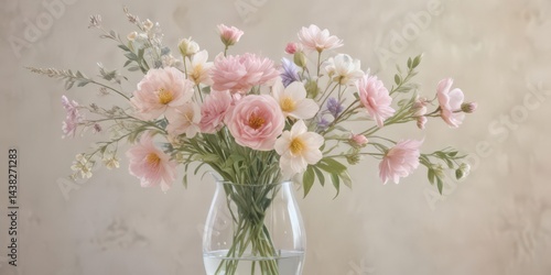Delicate pastel watercolor flowers in a glass vase, soft hues, artistic floral arrangement ,  roses,  pastel flowers,  butterflies