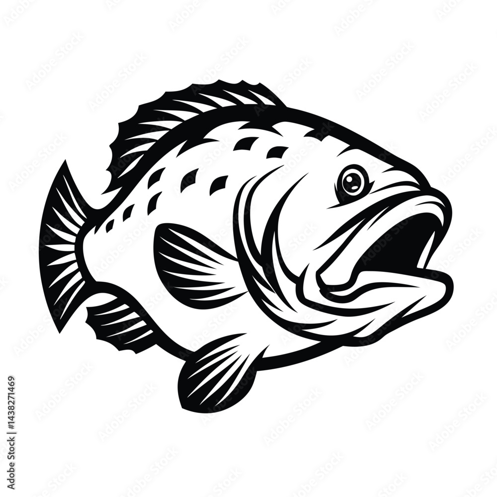 Stylized Black and White Largemouth Bass with Bold Outline Detail Stylized Black and White Largemouth Bass with Bold Outline Detail
