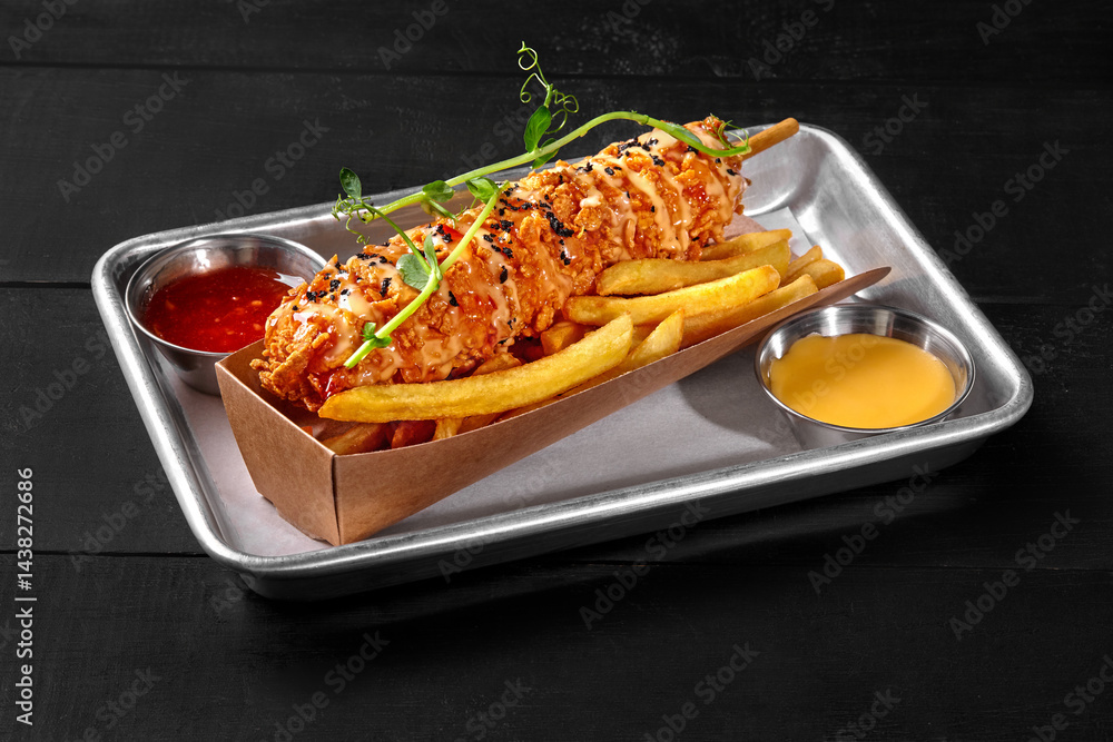 Breaded chicken skewer with french fries and dipping sauces on metal tray