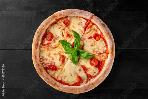 Obraz na płótnie Delicious pizza margherita with tomatoes and basil on dark wooden background w salonie