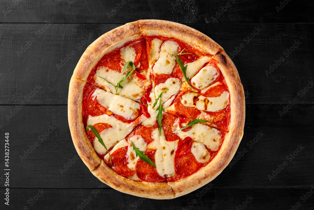 Delicious pepperoni pizza with melted mozzarella and chili pepper on black wooden table