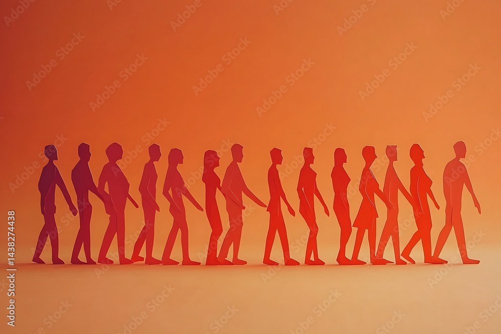 Papercut People Walking in Order Gradient Background Papercut People Walking in Order Gradient Background