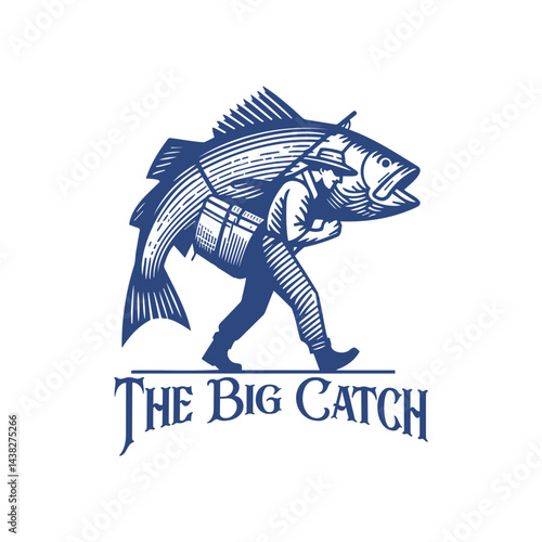 vector illustration of a fisherman carrying big tuna fish