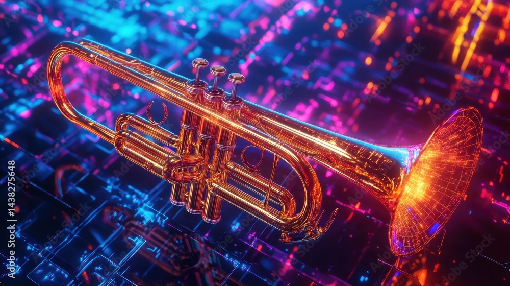 Naklejka premium Golden trumpet, vibrant digital backdrop