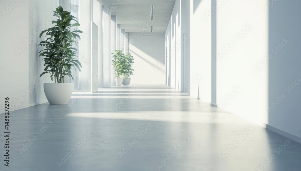 Bright, sunlit hallway with greenery Bright, sunlit hallway with greenery