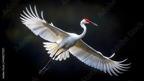 White Crane in Flight Against Black Background