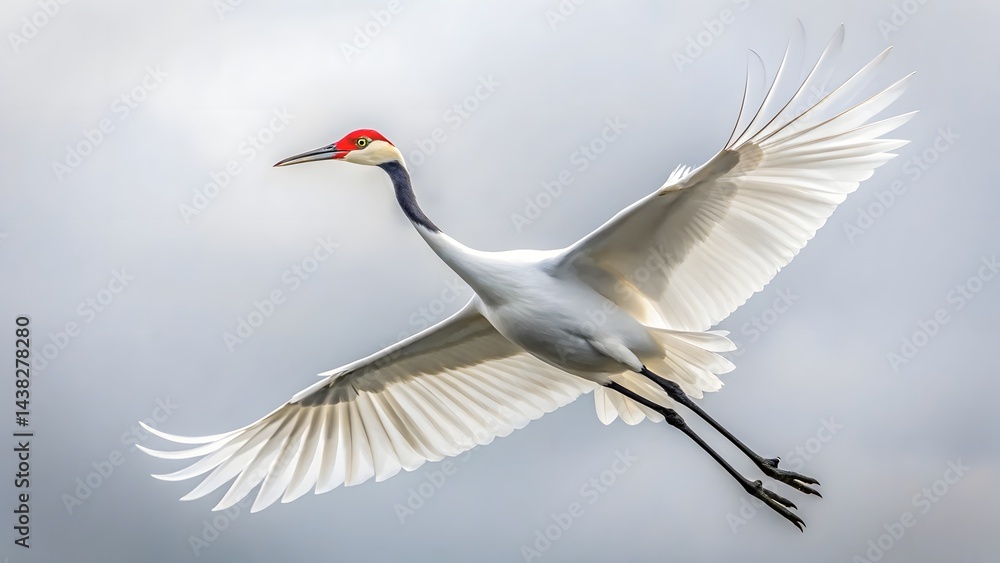 White Crane in Flight Against white Background White Crane in Flight Against white Background