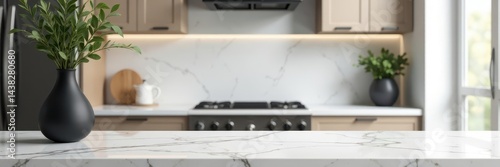 Close-up veined marble kitchen countertop, black pendant light, simple vase , object, design