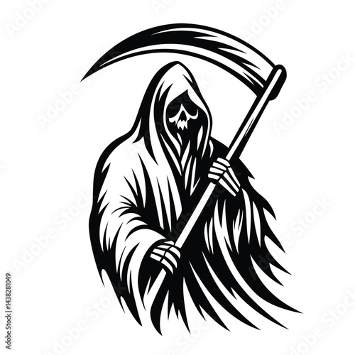 Grim Reaper Cloaked Silhouette Holding Scythe in Black and White Illustration