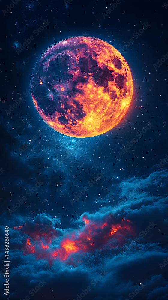 Obraz premium Fiery planet hangs over glowing clouds in the star-filled night sky creating a surreal cosmic scene