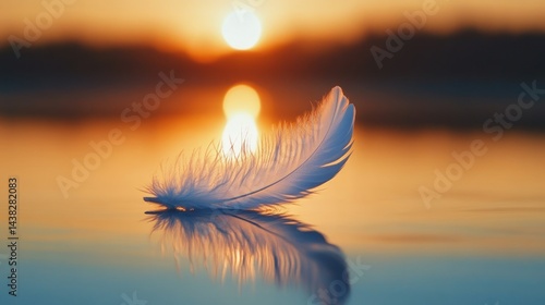 Sunset Serenity: A Single Feather's Gentle Reflection on Still Water