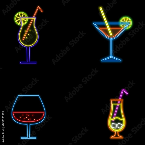 Margarita Cocktail, Hawaiian Blue, Mojito, Bloody Mary, Cosmopolitan and Tequila sunrise neon. neon drinks.