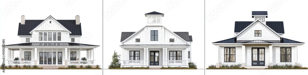 Three farmhouse designs a two-story, a one-story with cupola, and a one-story with gable Three farmhouse designs a two-story, a one-story with cupola, and a one-story with gable